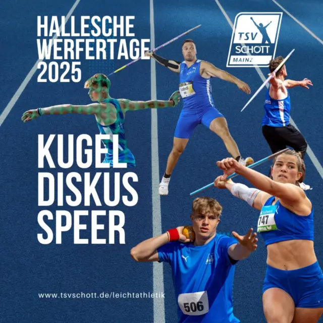 Das Wettkampfwochenende ist mit vielen Highlights gespickt und unsere Athletinnen und Athleten sind dabei 💙  50. Hallesche Werfertage in Halle an der Saale mit einem starken Wurfaufgebot des TSV SCHOTT
@halplus_werfertage
@franca.arnold Speerwurf
@paul_kxs_ Kugel
@aminlabdi Speer
@moritzbehret Speer
@florian_bep Diskus  IFAM Meeting in Brüssel @ifam_athletics
Starke Konkurrenz in Belgien 
@pecluu 400 m
@konstantin.sfr 400 m
@franzi.schindler 1500 m  Kurpfalz Gala in Weinheim @kurpfalz_gala_weinheim
Schnelle Sprints auf der Tagesordnung 
@lionel_salakiaku 100 m und 200 m
@johxnnes_br 100 m und 200 m
@ami.str 400 m  DSC Meeting in Dresden @dsc1898
2 schnelle Runden = 800 m 
@phyllliiss 800 m  Pfalz Meisterschaften in Kaiserslautern 
10 Hürden 1 Runde 
@annapauline22 400 m Hü
@annabell.ctr 400 m Hü
@noahverez 400 m Hü  Ready..Set..Go!!!  #tsvschottmainz #tsvschottla2025 #puma #Atletica #mundmsports #lottorlp #Schott #mainz #halle #Brüssel #Weinheim #Dresden #Kaiserslautern #run #jump #throw