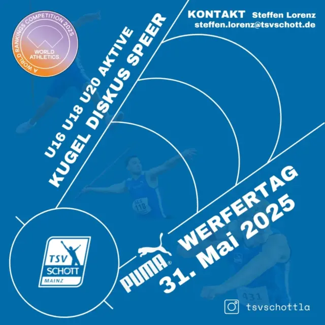 Puma Werfertag am Samstag 31.05.2025 beim TSV SCHOTT Mainz. 
Kugel Diskus Speer
Als WRC Wettbewerb.  Anmelden und Weit werfen! 
Kontakt steffen.lorenz@tsvschott.de  #tsvschottmainz #tsvschottla2025 #puma #atletica #lottorlp #mundmsports #Kugel #Diskus #Speer