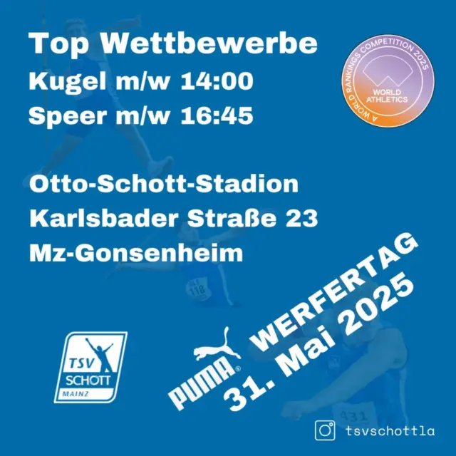 PUMA Werfertag des TSV SCHOTT Mainz am 31.05.2025 erreicht neue Dimensionen  Zum PUMA-Werfertag am Samstag, 31. Mai 2025, erwartet der TSV SCHOTT Mainz neben einem Melderekord auch erstmals internationale Top-Athleten.  Scott Lincoln, 19-facher britischer Kugelstoß-Meister,
Bronzemedaillengewinner bei den Commonwealth Games undaktuell 18. der Weltbestenliste (Bestleistung 21,31 Meter)ist am Start genauso wie der japanische Kugelstoßer Hitoshi Okumura, zweifacher japanischer Meister und Nationalrekordhalter mit 19,09 Metern. Ebenso ist mit Aiden Harvey der vierfache australischer Kugelstoß-Meister mit einer persönlichen Bestleistung von 19,36 Metern am Start.  Komplettiert wird das Spitzenfeld durch den japanischen Speerwerfer Ryusei Nakamura, der mit einer persönlichen Bestleistung von 77,20 Metern anreist.  „Im vierten Jahr des Bestehens der PUMA-Werfertage hat die Veranstaltung erstmals den Status einer World Ranking Competition. Wir freuen uns sehr über die hochkarätigen Teilnehmer“ sagt Steffen Lorenz, Wurf-Cheftrainer des TSV
SCHOTT und Organisator. „Jedoch sind für uns auch die vielen lokalen Teilnehmer ein wichtiger Bestandteil der Veranstaltung und für unsere eigenen Athleten eine Möglichkeit, sich zu Hause zu präsentieren“.  Zu den herausragenden Werfern des Gastgebers TSV
SCHOTT zählen Speerwerfer Amin Labdi (Speerwurf
Männer), Kugelstoßer Paul Kozlowski (U18, Zweiter deutsche Bestenliste) sowie Florian Beppler (Diskuswurf/U18).  Die Wettbewerbe im Kugelstoßen, Diskuswurf und
Speerwerfen in den Altersklassen U16 bis Aktive starten um 11 Uhr (Veranstaltungsdauer bis ca. 18.30 Uhr).  #tsvschottmainz #tsvschottla2025 #PUMA #Atletica #mundmsports #lottorlp #Schott #Kugel #Diskus #Speer